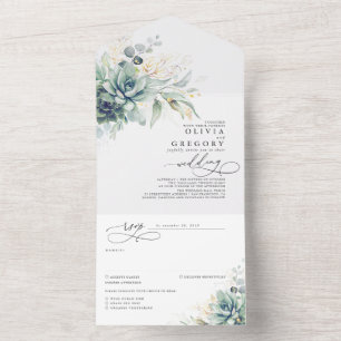 Succulents Greenerity and Gold Blätter Wedding All In One Einladung