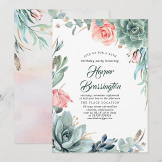 Succulents Greenerity and Pink Rose Birthday Party Einladung