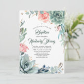 Succulents Greenerity and Pink Rose Girl Baptism Einladung (Stehend Vorderseite)
