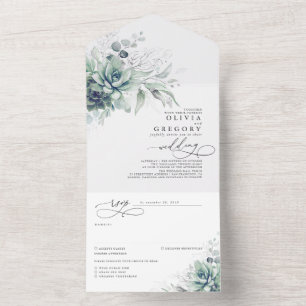 Succulents Greenerity and Silver Blätter Wedding All In One Einladung