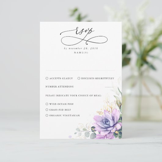 Succulents Greenery and Gold Wedding RSVP (Stehend Vorderseite)