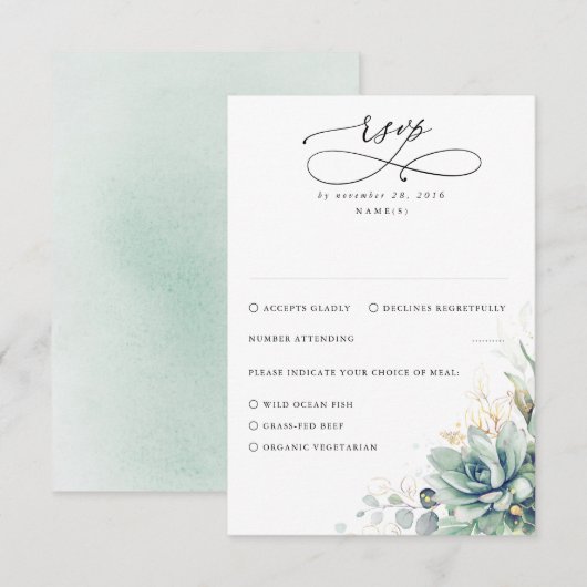 Succulents Greenery and Gold Wedding RSVP Karte (Vorne/Hinten)