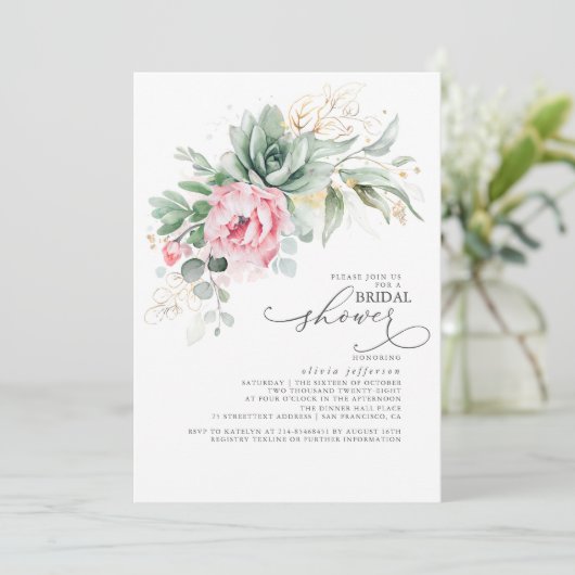 Succulents Greenery and Pink Blume Brautparty Einladung (Stehend Vorderseite)