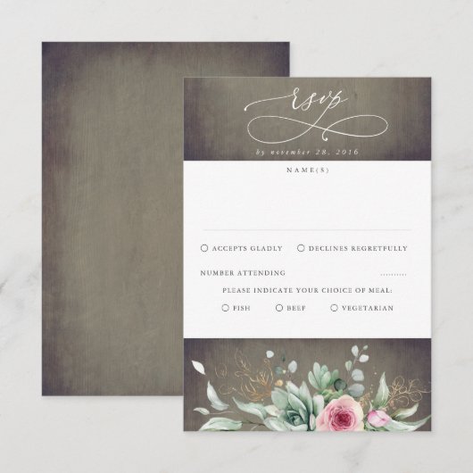 Succulents Greenery and Pink Blume Wedding RSVP Karte (Vorne/Hinten)