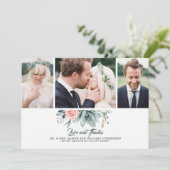 Succulents Greenery and Pink Rose 3 Fotos Hochzeit Dankeskarte (Stehend Vorderseite)