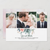 Succulents Greenery and Pink Rose 3 Fotos Hochzeit Dankeskarte (Vorne/Hinten)