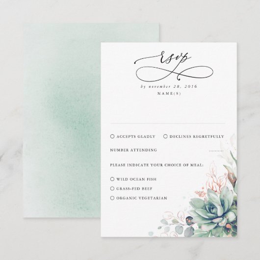 Succulents Greenery and Rose Gold Wedding RSVP Karte (Vorne/Hinten)