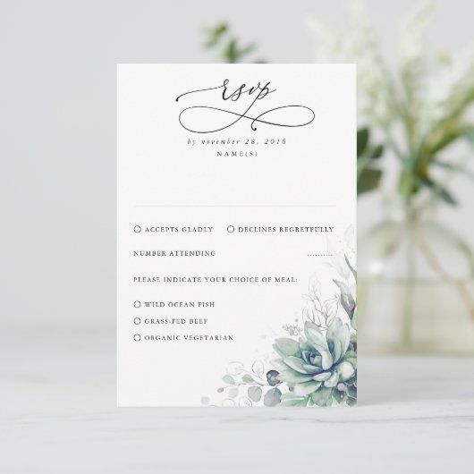 Succulents Greenery and Silver Wedding RSVP (Stehend Vorderseite)