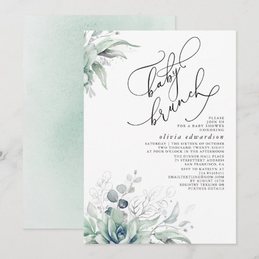 Succulents Greenery Brunch Kinderdusche Einladung (Vorne/Hinten)