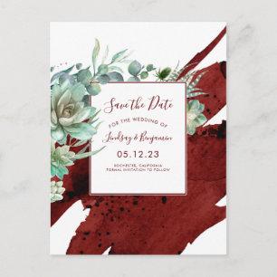 Succulents Greenery Burgundy Red Save the Date Ankündigungspostkarte
