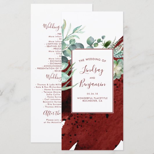 Succulents Greenery Burgundy Red Wedding Programs Programm (Vorne/Hinten)