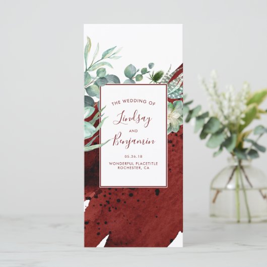 Succulents Greenery Burgundy Red Wedding Programs Programm (Stehend Vorderseite)