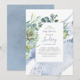 Succulents Greenery Dusty Blue Baby Shower Einladung