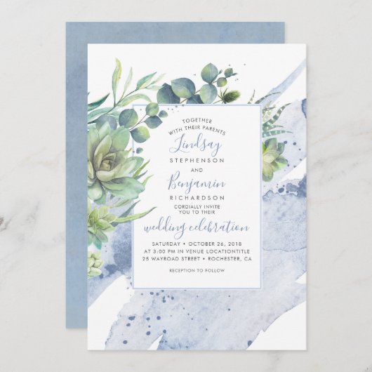 Succulents Greenery Dusty Blue Elegante Hochzeit Einladung (Vorne/Hinten)