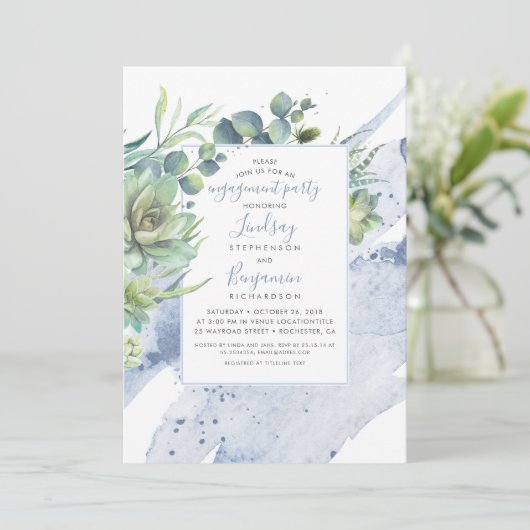 Succulents Greenery Dusty Blue Engagement Party Einladung (Stehend Vorderseite)