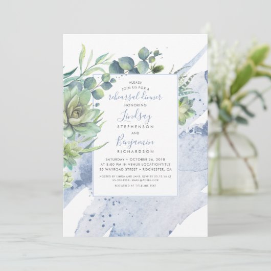 Succulents Greenery Dusty Blue Probe Dinner Einladung (Stehend Vorderseite)