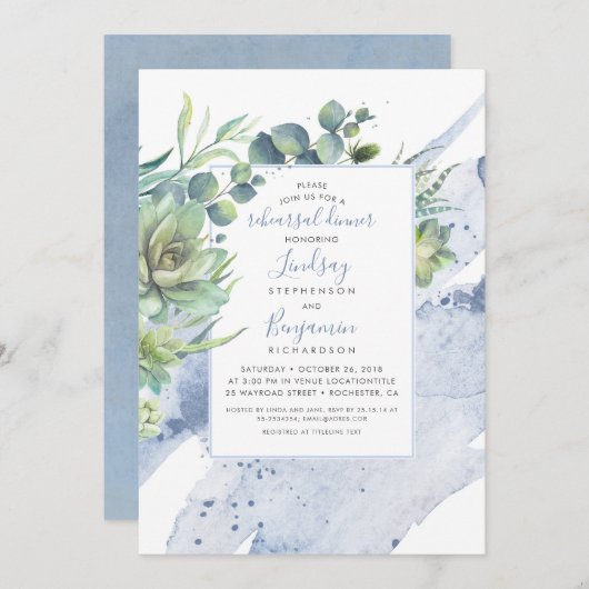 Succulents Greenery Dusty Blue Probe Dinner Einladung (Vorne/Hinten)