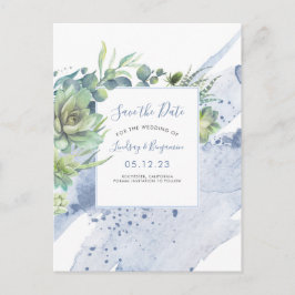 Succulents Greenery Dusty Blue Save the Date Ankündigungspostkarte