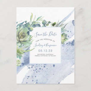 Succulents Greenery Dusty Blue Save the Date Ankündigungspostkarte