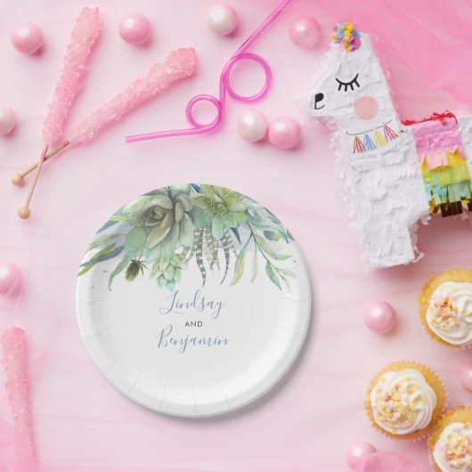 Succulents Greenery Dusty Blue Wedding Pappteller (Party)