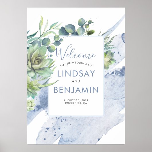 Succulents Greenery Dusty Blue Wedding Poster (Vorne)
