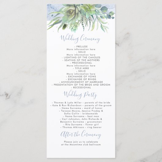 Succulents Greenery Dusty Blue Wedding Programs Programm (Rückseite)