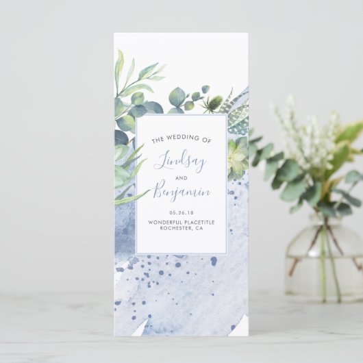 Succulents Greenery Dusty Blue Wedding Programs Programm (Stehend Vorderseite)