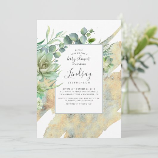 Succulents Greenery Gold Watercolor Babydusche Einladung (Stehend Vorderseite)