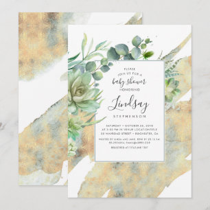 Succulents Greenery Gold Watercolor Babydusche Einladung