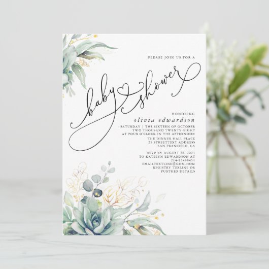 Succulents Greenery Niedlich Elegant Babydusche Einladung (Stehend Vorderseite)