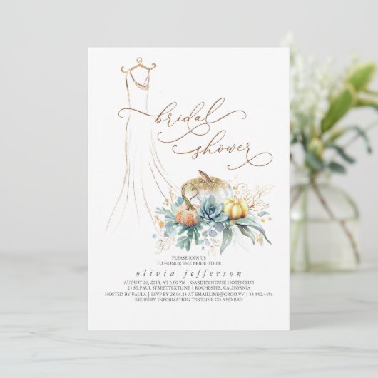 Succulents Greenery Pumpkins Dress Brautparty Einladung (Stehend Vorderseite)