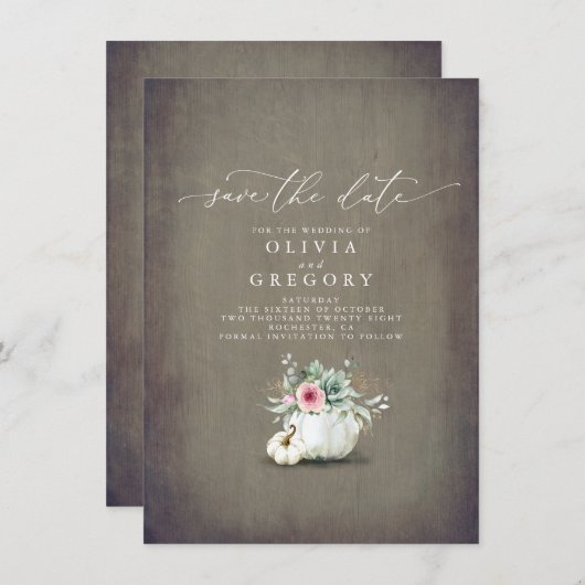 Succulents Greenery Pumpkins fallen Save the Date Ankündigung (Vorne/Hinten)