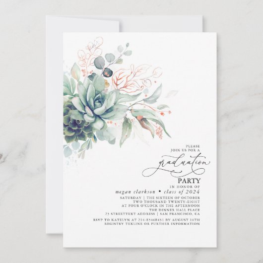 Succulents Greenery Rose Gold Blätter Abschluss Einladung (Vorderseite)