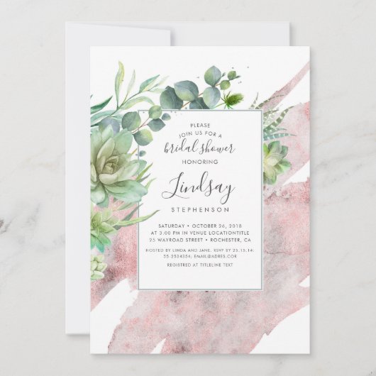 Succulents Greenery Rose Gold Foil Brautparty Einladung (Vorderseite)