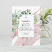Succulents Greenery Rose Gold Glitzer Taufe Einladung (Stehend Vorderseite)