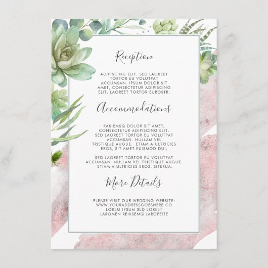 Succulents Greenery Rose Gold Hochzeitsinformation Begleitkarte (Vorderseite)