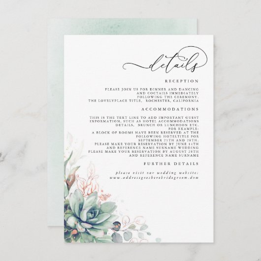 Succulents Greenery Rose Gold Wedding Details Begleitkarte (Vorne/Hinten)