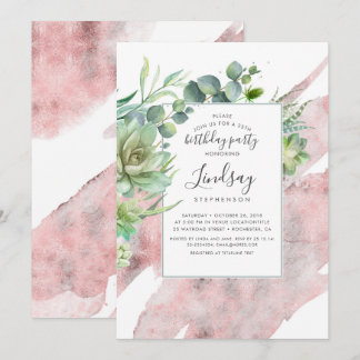 Succulents Greenery Rose Goldene Foil Birthday Einladung