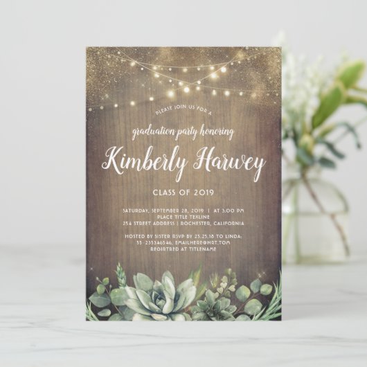 Succulents Greenery Rustic Moderner Abschluss Einladung (Stehend Vorderseite)