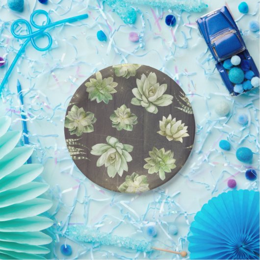 Succulents Greenery Rustic Wood Wedding Pappteller (Party)