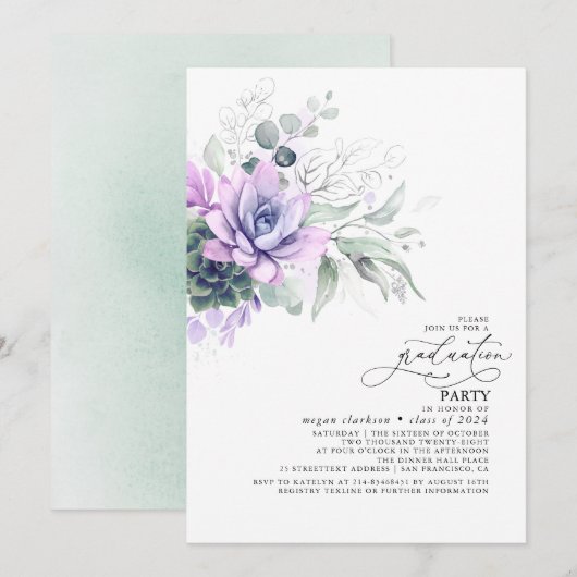 Succulents Greenery Silver Blätter Boho Abschluss Einladung (Vorne/Hinten)