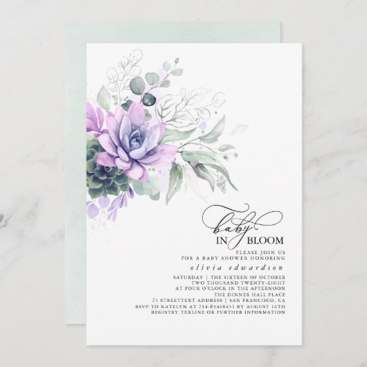Succulents Greenery Silver Blätter Boho Baby Showe Einladung (Vorne/Hinten)