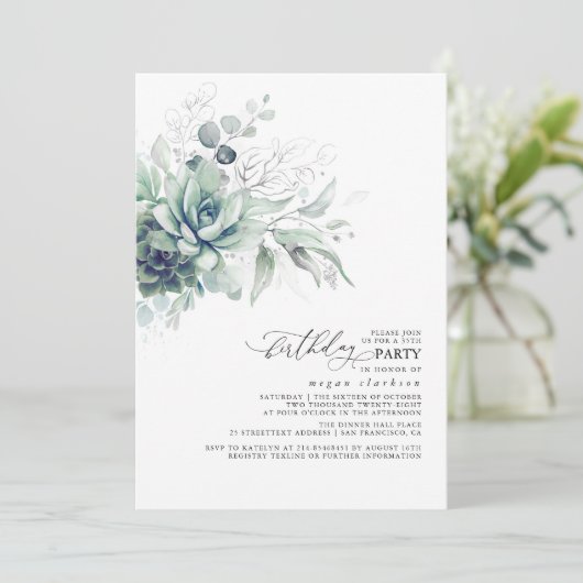 Succulents Greenery Silver Blätter Boho Birthday Einladung (Stehend Vorderseite)