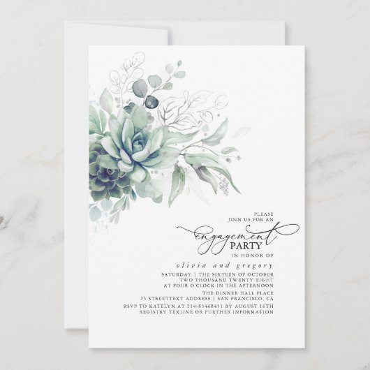 Succulents Greenery Silver Blätter Engagement Part Einladung (Vorderseite)