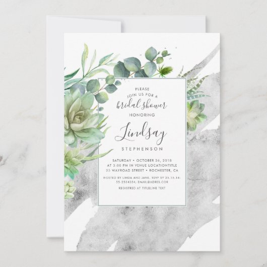 Succulents Greenery Silver Foil Brautparty Einladung (Vorderseite)