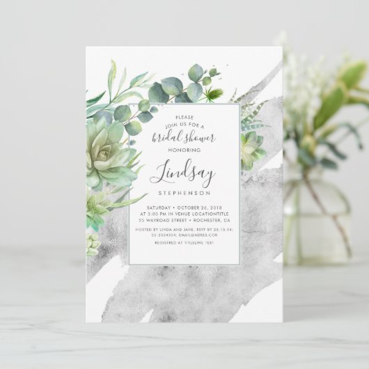 Succulents Greenery Silver Foil Brautparty Einladung (Stehend Vorderseite)