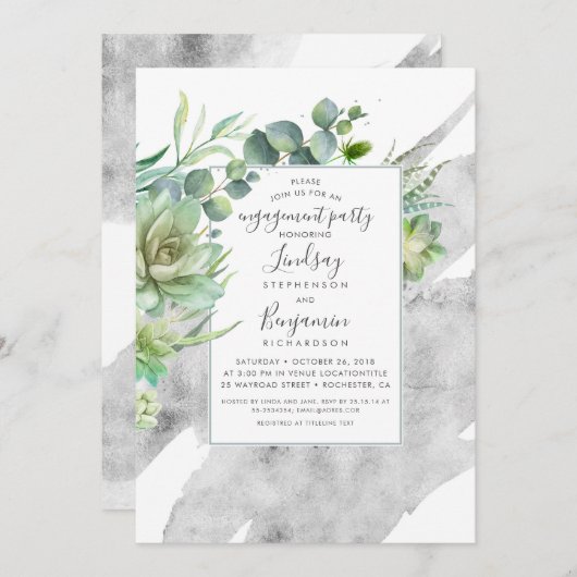 Succulents Greenery Silver Foil Engagement Party Einladung (Vorne/Hinten)