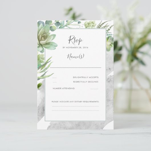 Succulents Greenery Silver Foil Wedding RSVP (Stehend Vorderseite)