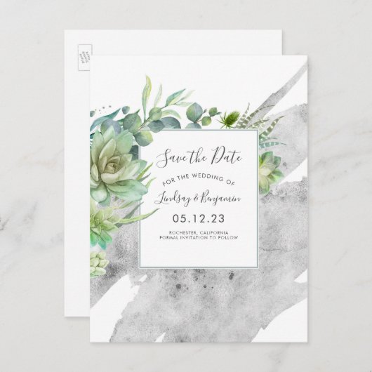 Succulents Greenery Silver Spritzer Save the Date Ankündigungspostkarte (Vorne/Hinten)