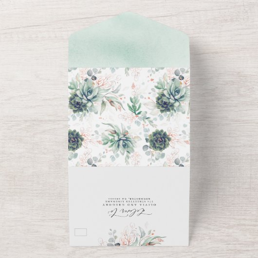 Succulents Greenery und Rose Gold Blätter Hochzeit All In One Einladung (Außenbereich)